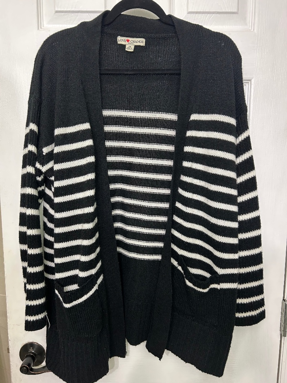 Women's Love Chance striped black white Cardigan Knit Sweater 2X Boho